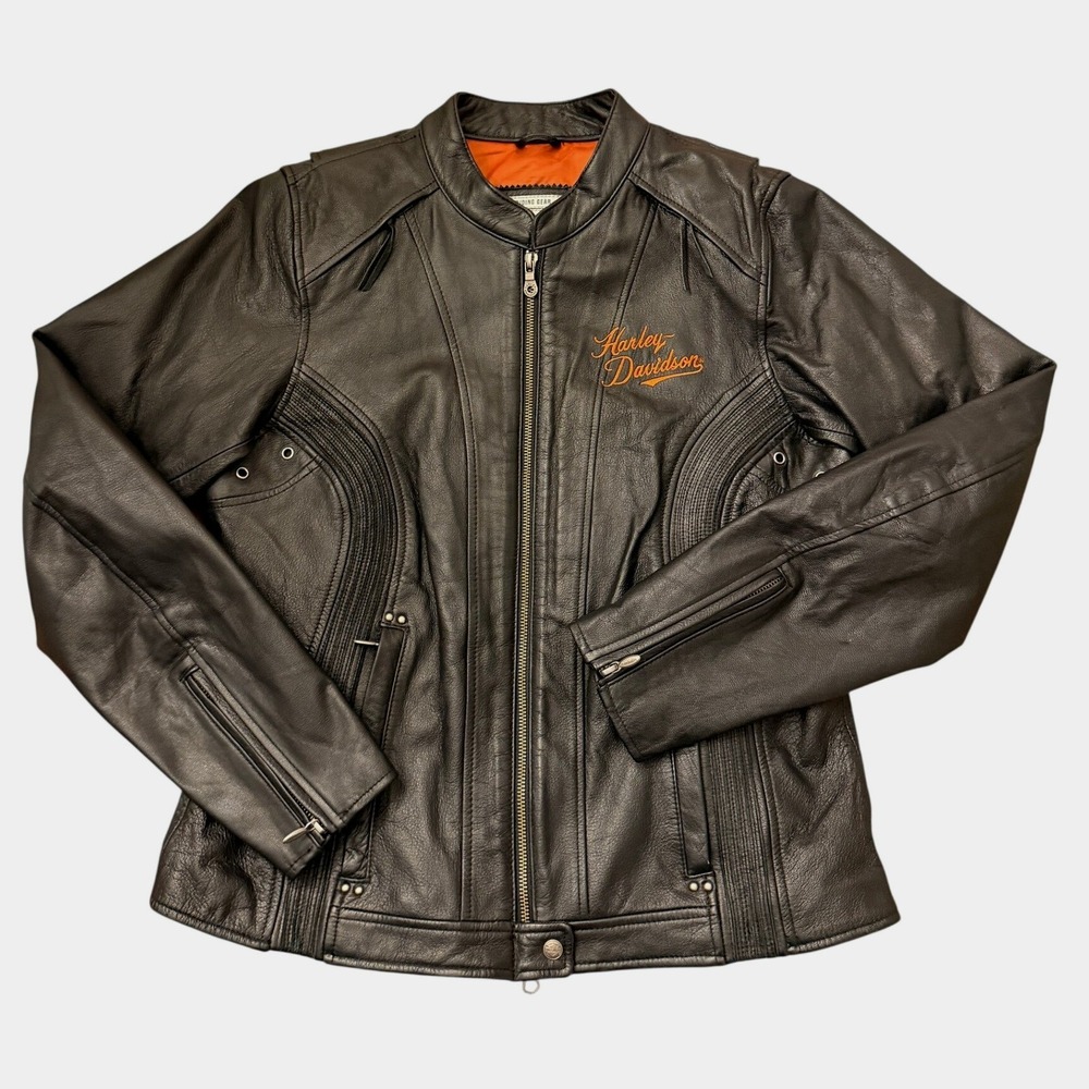 Harley-Davidson Womens Black Goatskin Leather Biker Jacket Embroidered Logo Zip